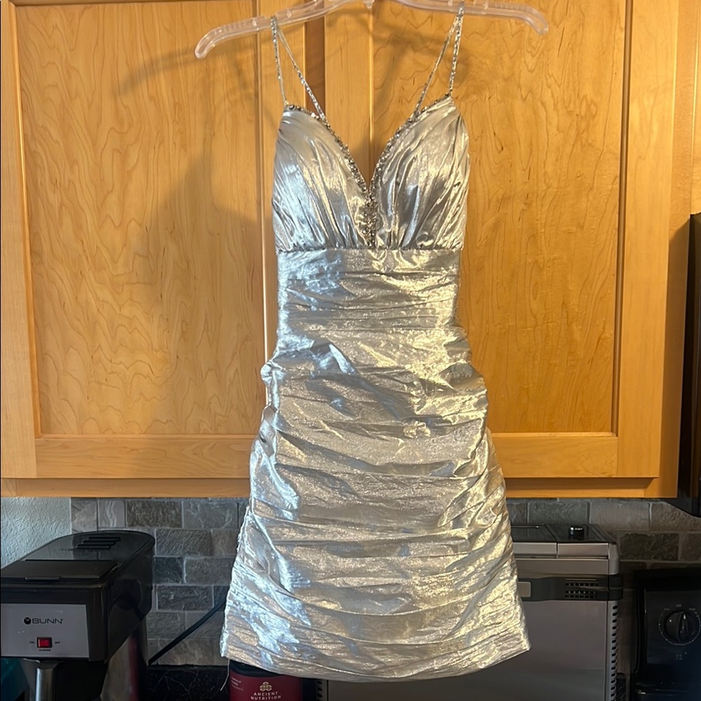 Homecoming dress/ prom- Silver Ruched Mini Dress